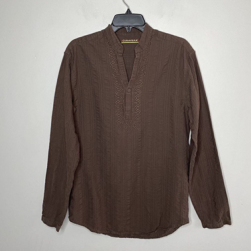 CUBAVERA Womens Brown Popover Top Small S Cotton Embroidered Detail Long-Sleeve